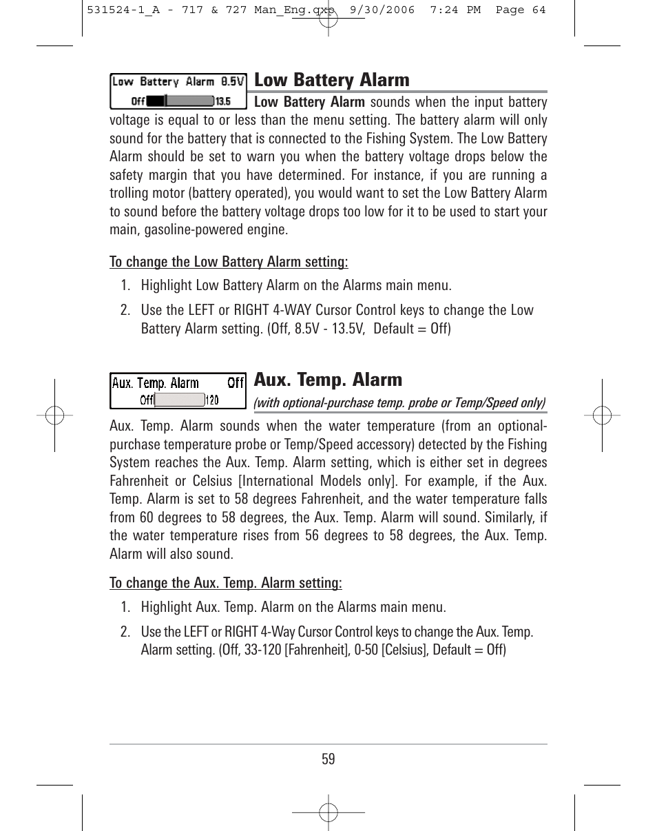 Low battery alarm, Aux. temp. alarm | Humminbird 727 User Manual | Page 64 / 96