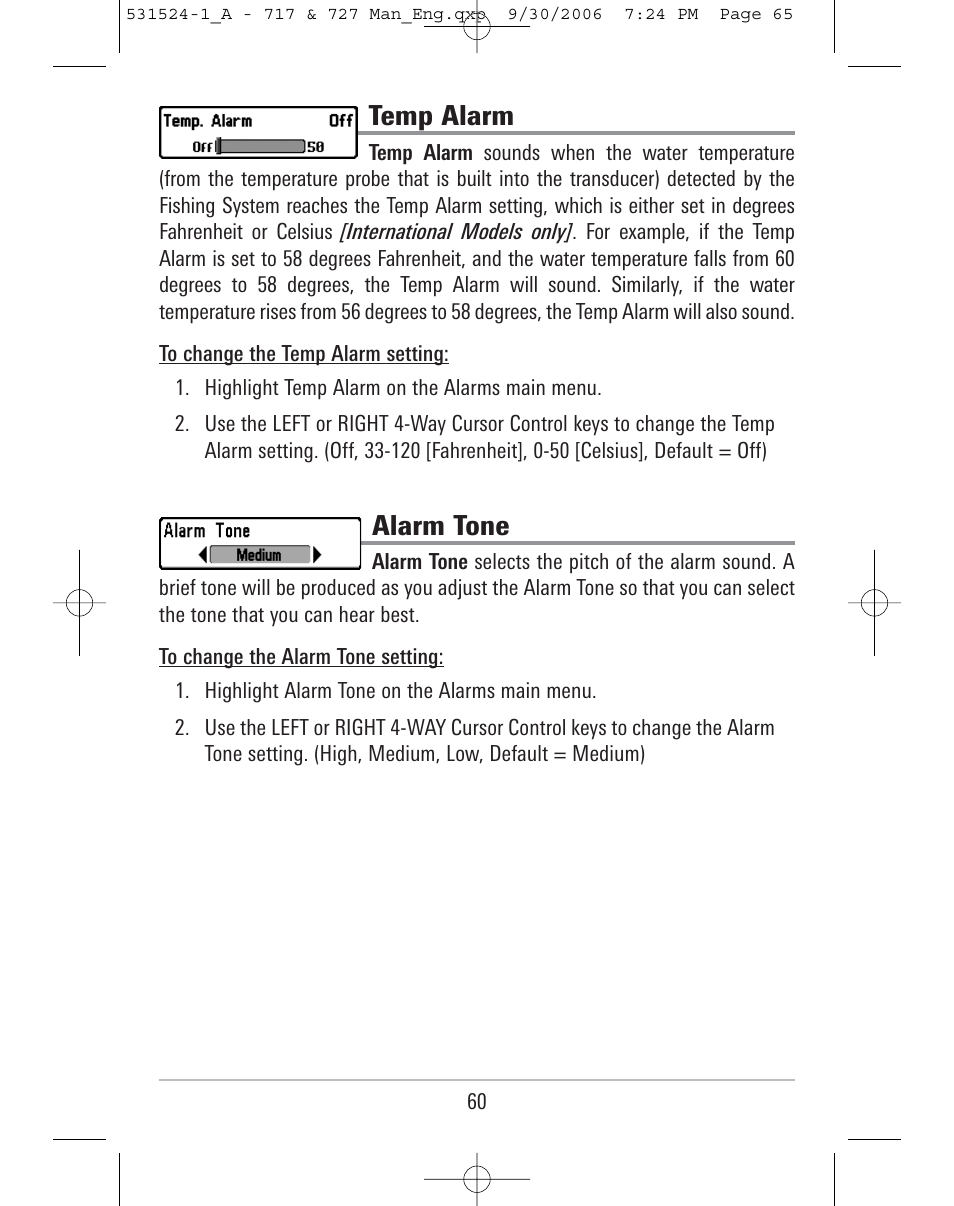 Temp alarm, Alarm tone | Humminbird 727 User Manual | Page 65 / 96