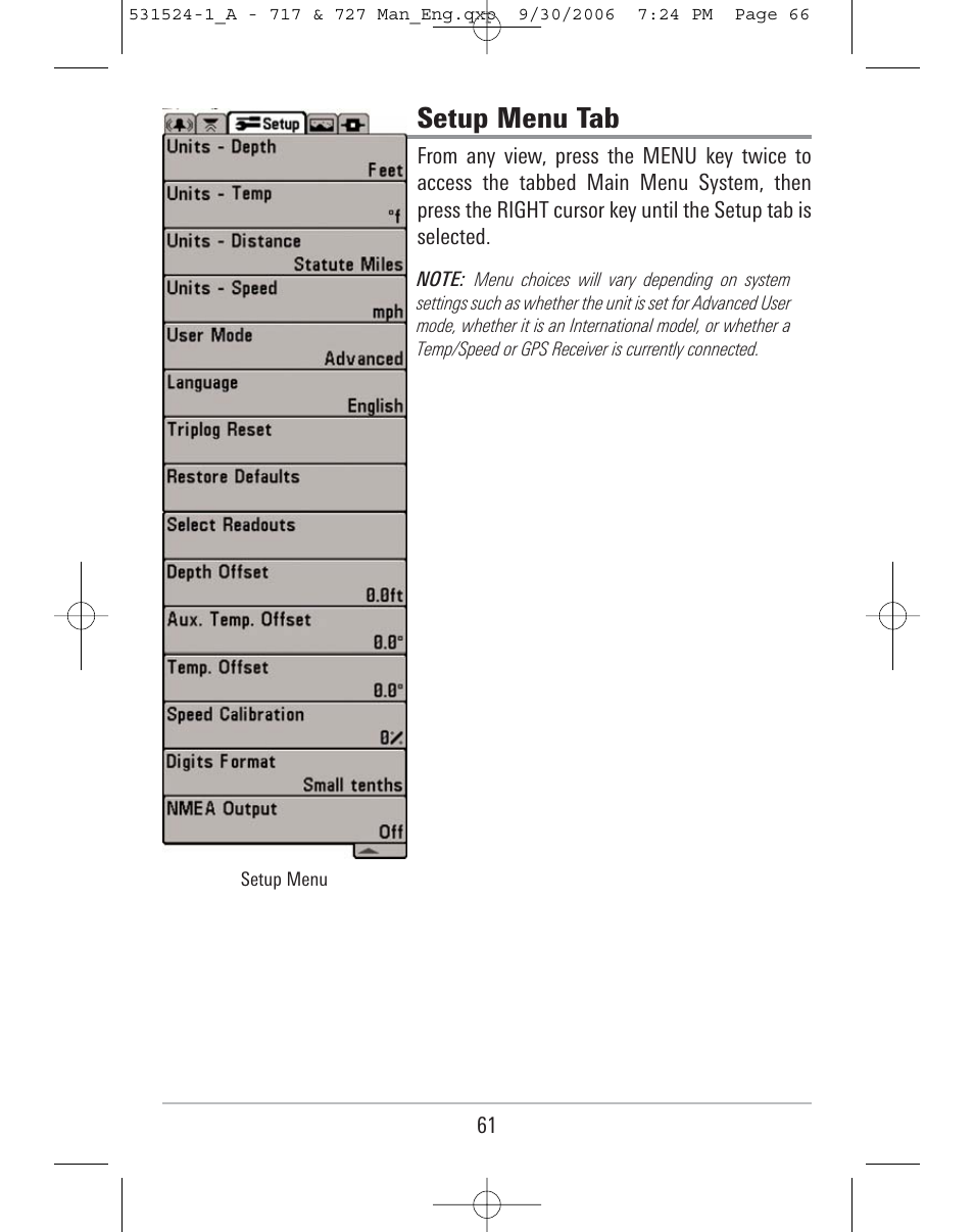 Setup menu tab | Humminbird 727 User Manual | Page 66 / 96