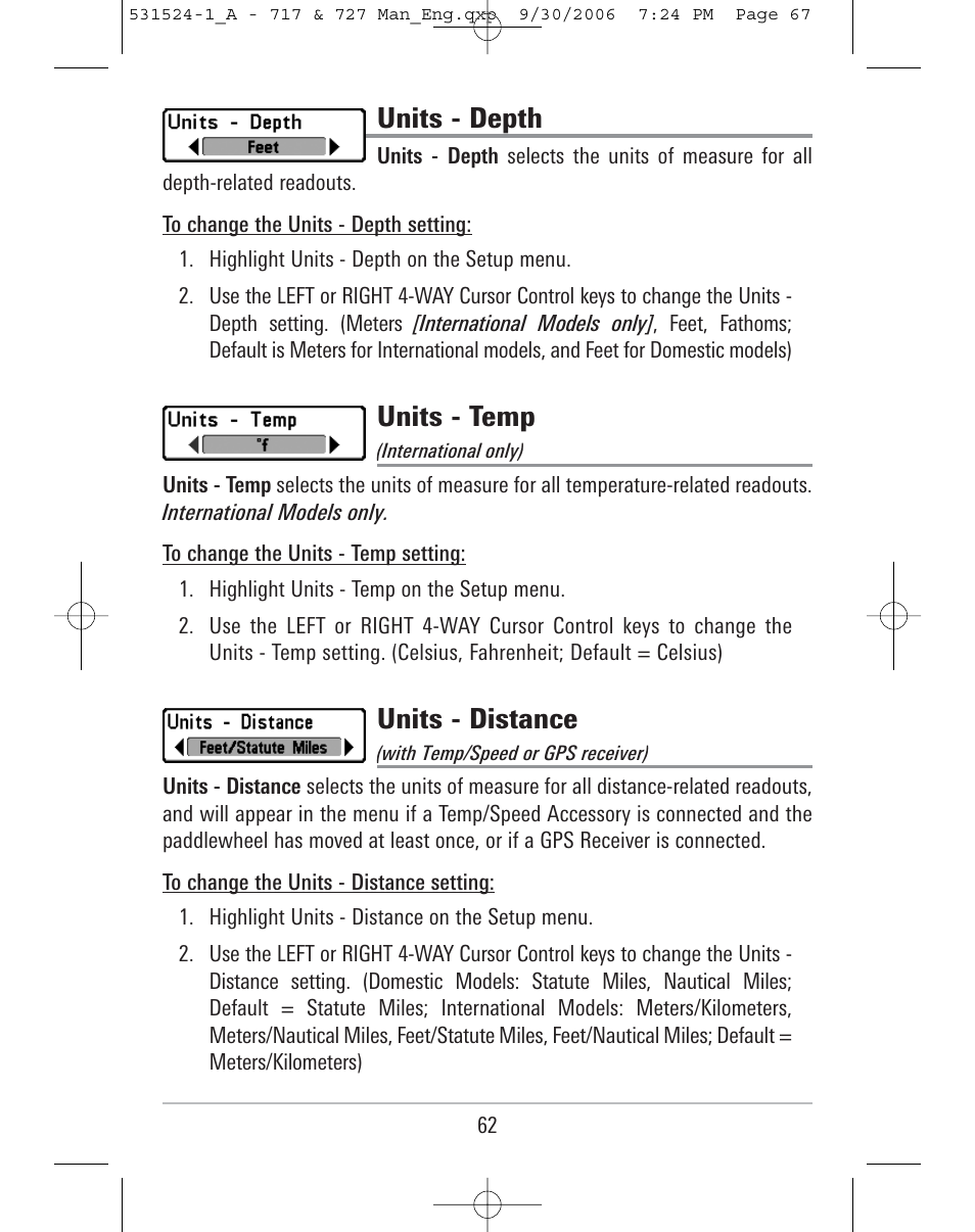 Units - depth, Units - temp, Units - distance | Humminbird 727 User Manual | Page 67 / 96