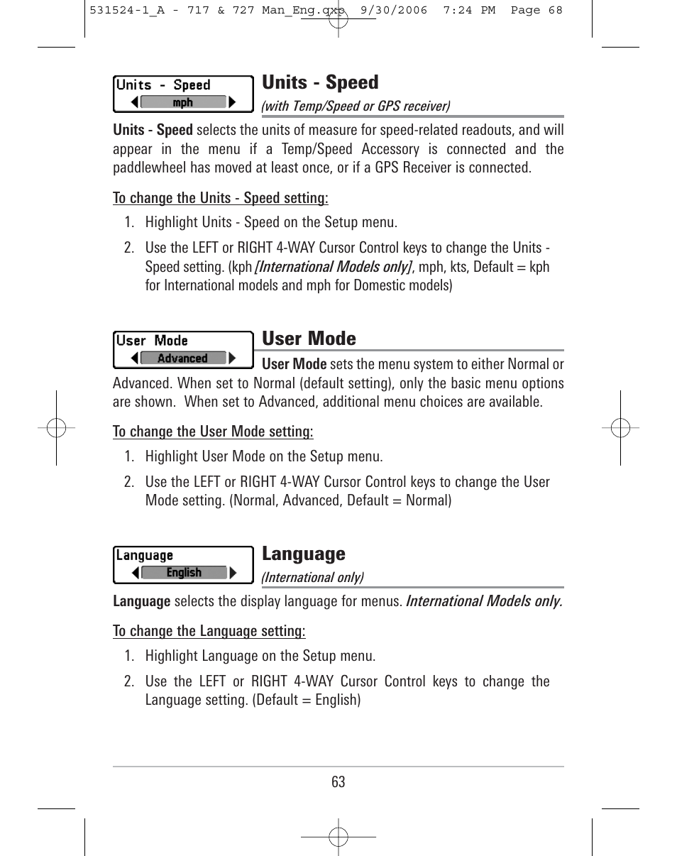 Units - speed, User mode, Language | Humminbird 727 User Manual | Page 68 / 96