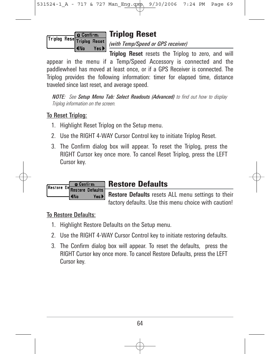 Triplog reset, Restore defaults | Humminbird 727 User Manual | Page 69 / 96