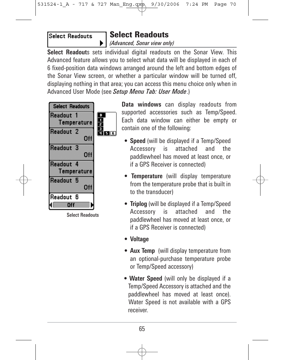 Select readouts | Humminbird 727 User Manual | Page 70 / 96