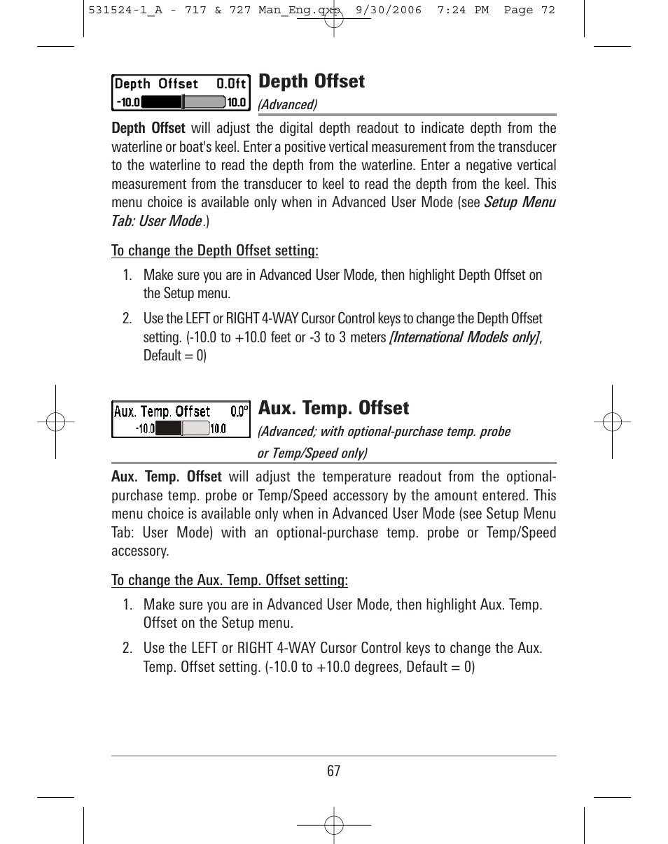 Depth offset, Aux. temp. offset | Humminbird 727 User Manual | Page 72 / 96