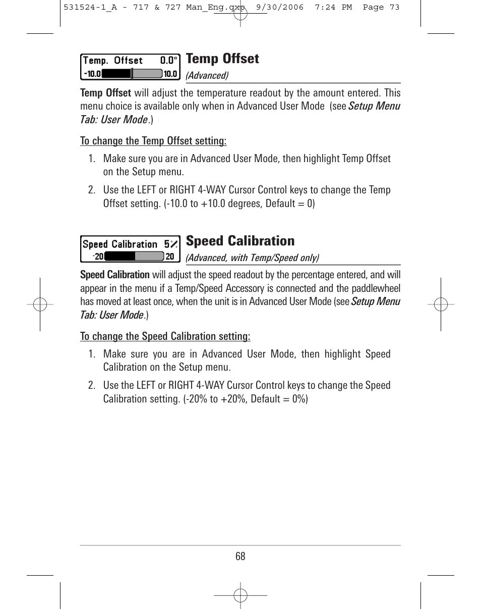 Temp offset, Speed calibration | Humminbird 727 User Manual | Page 73 / 96