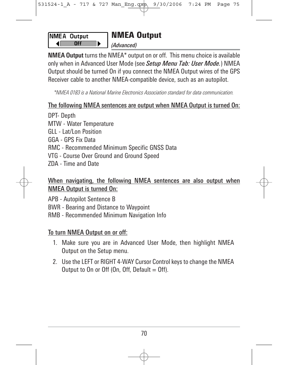 Nmea output | Humminbird 727 User Manual | Page 75 / 96