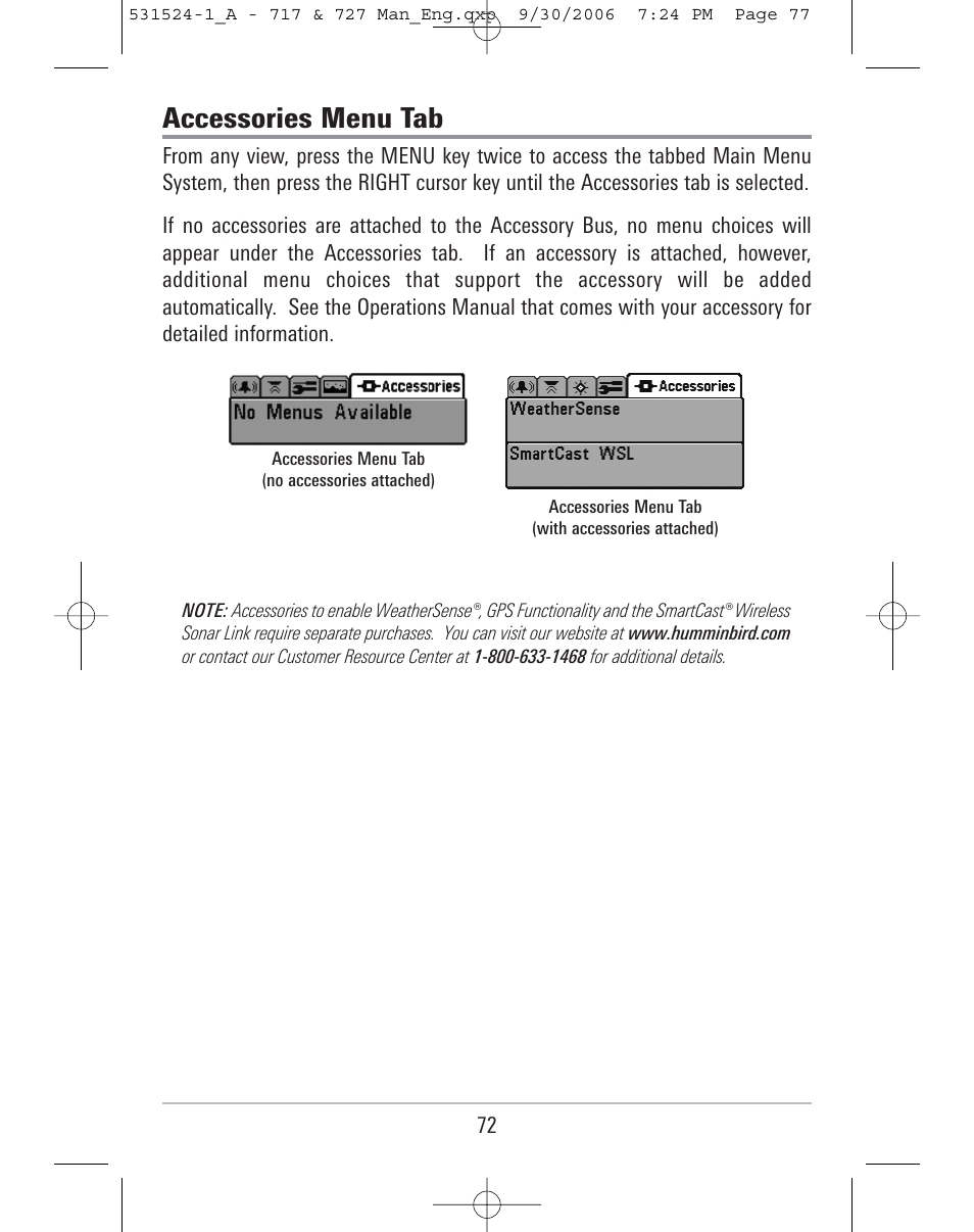 Accessories menu tab | Humminbird 727 User Manual | Page 77 / 96