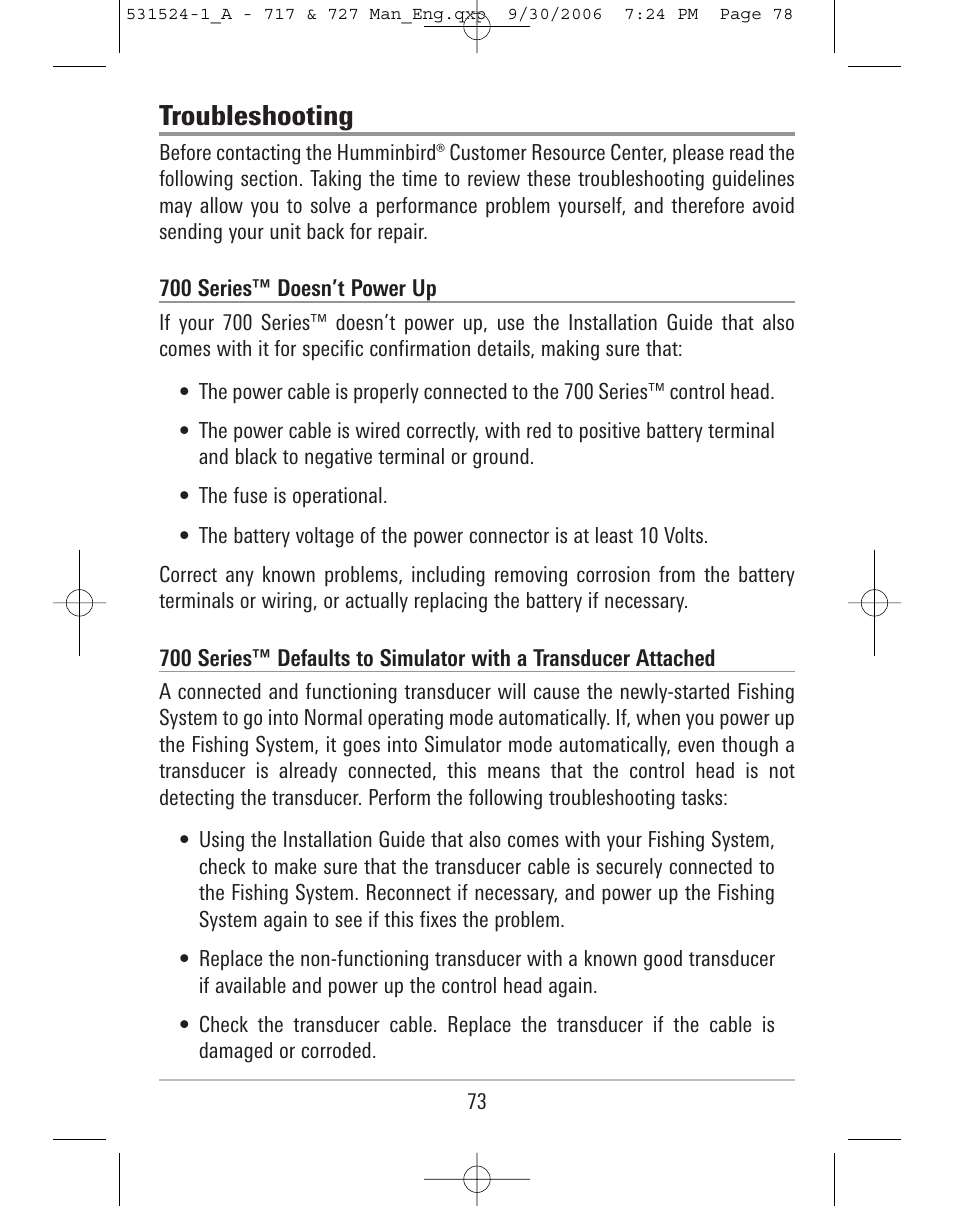 Troubleshooting | Humminbird 727 User Manual | Page 78 / 96