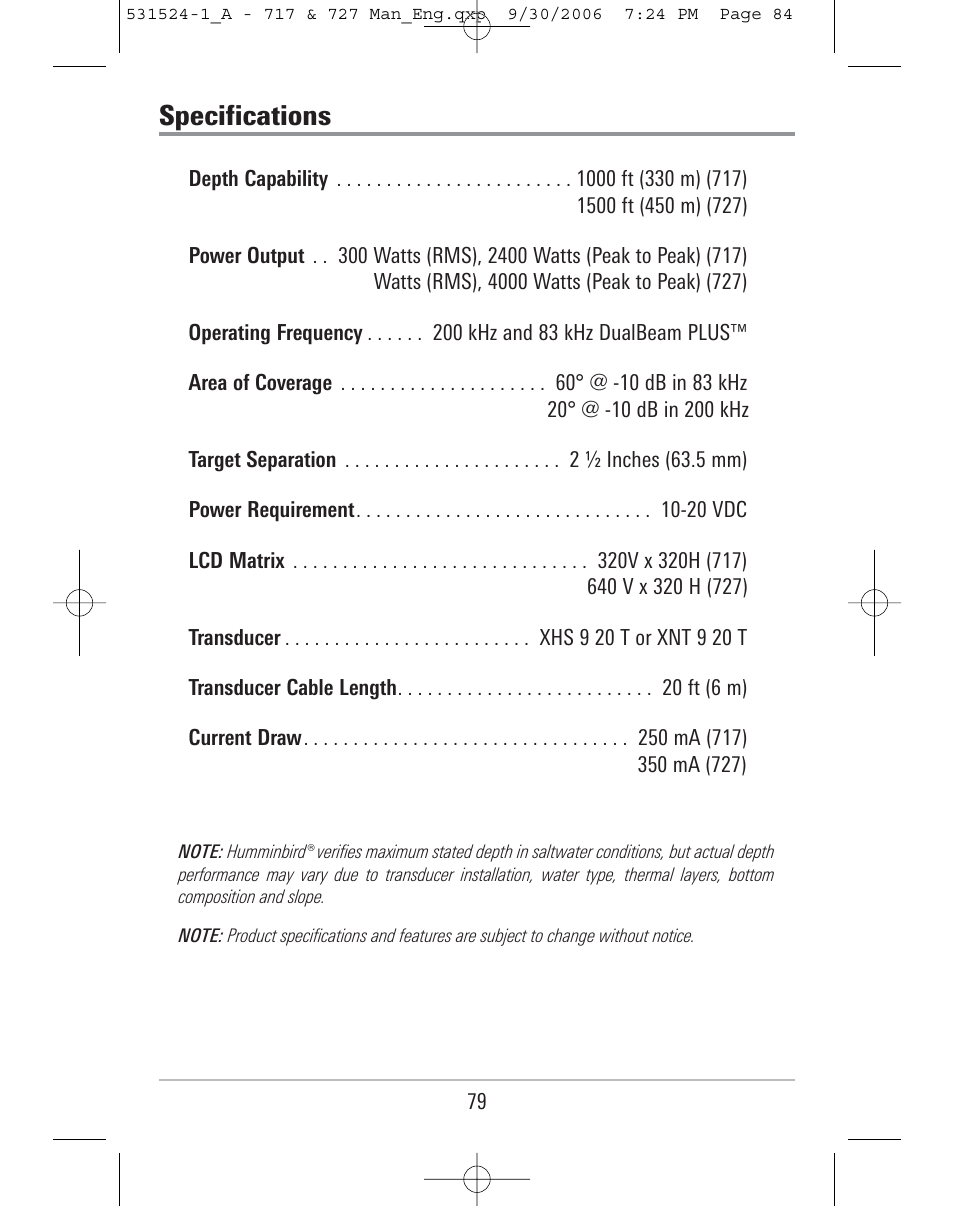 Specifications | Humminbird 727 User Manual | Page 84 / 96