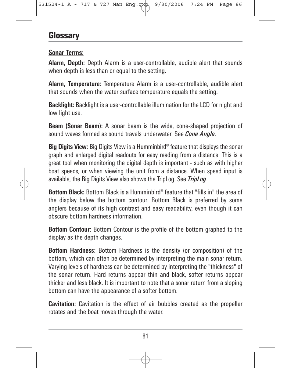 Glossary | Humminbird 727 User Manual | Page 86 / 96