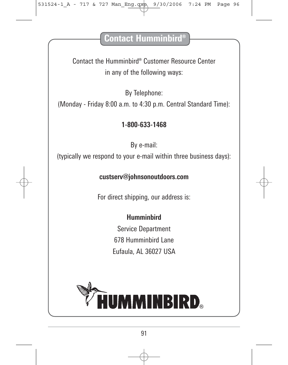 Contact humminbird | Humminbird 727 User Manual | Page 96 / 96