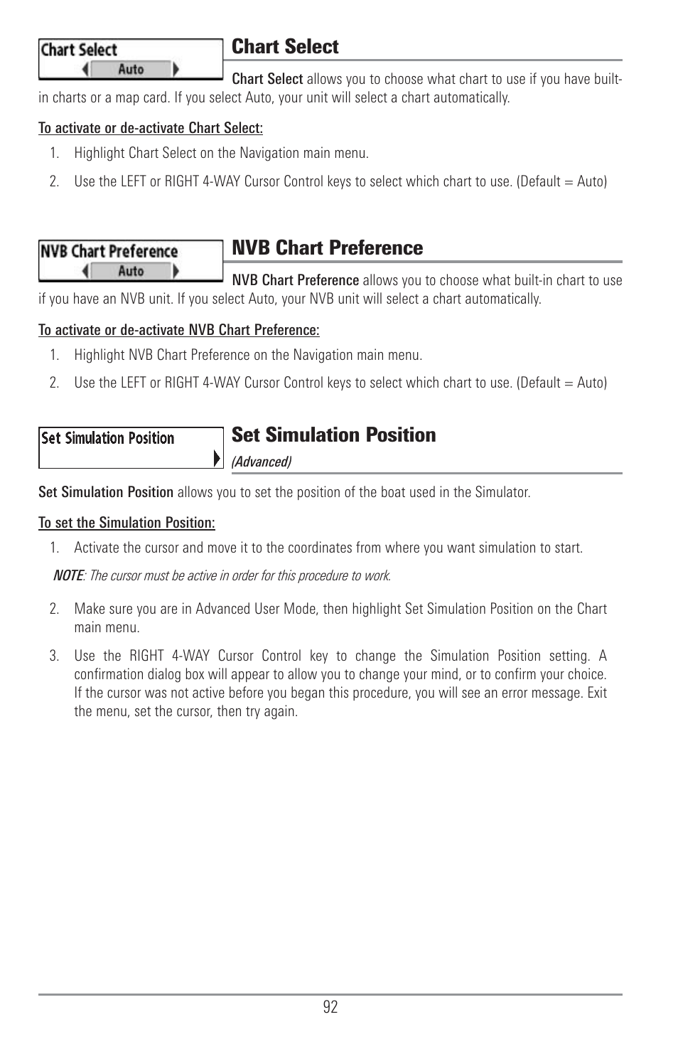 Chart select, Nvb chart preference, Set simulation position | Humminbird 1155C User Manual | Page 100 / 129