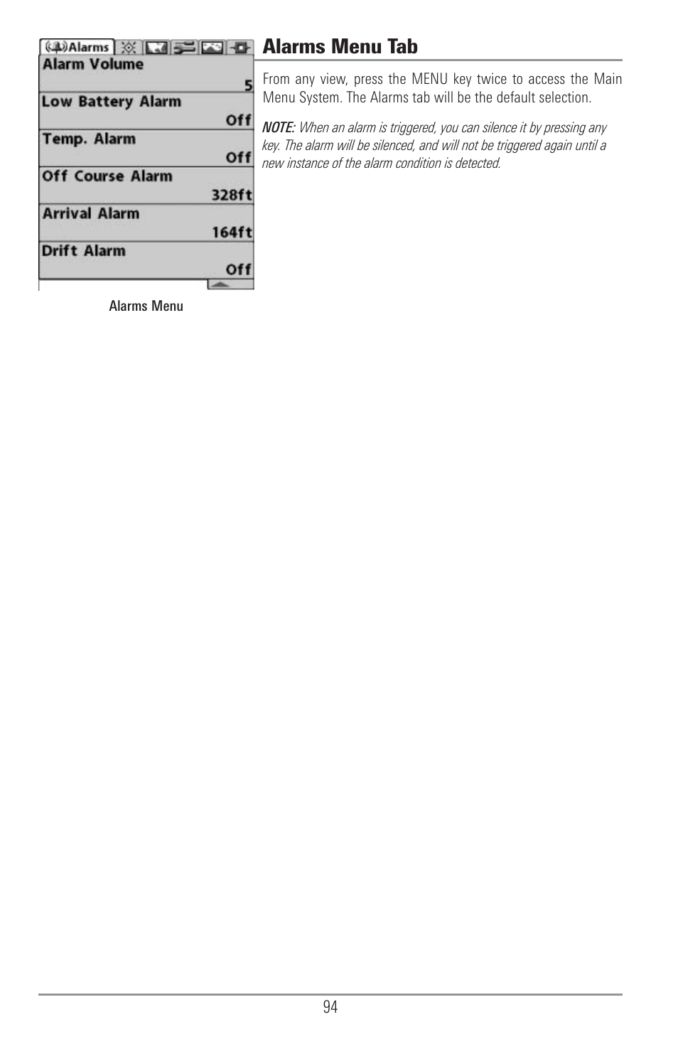Alarms menu tab | Humminbird 1155C User Manual | Page 102 / 129