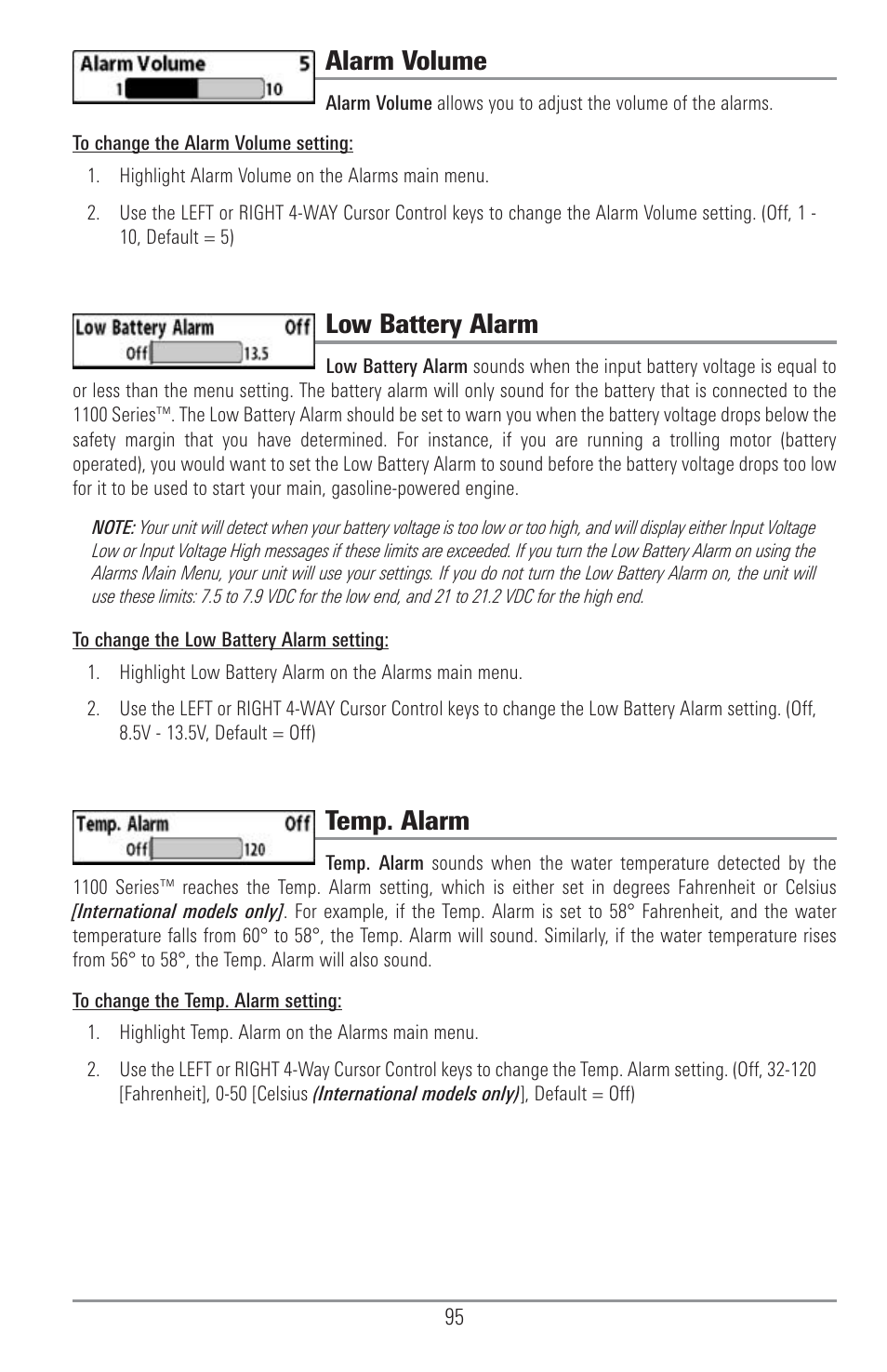 Alarm volume, Low battery alarm, Temp. alarm | Humminbird 1155C User Manual | Page 103 / 129