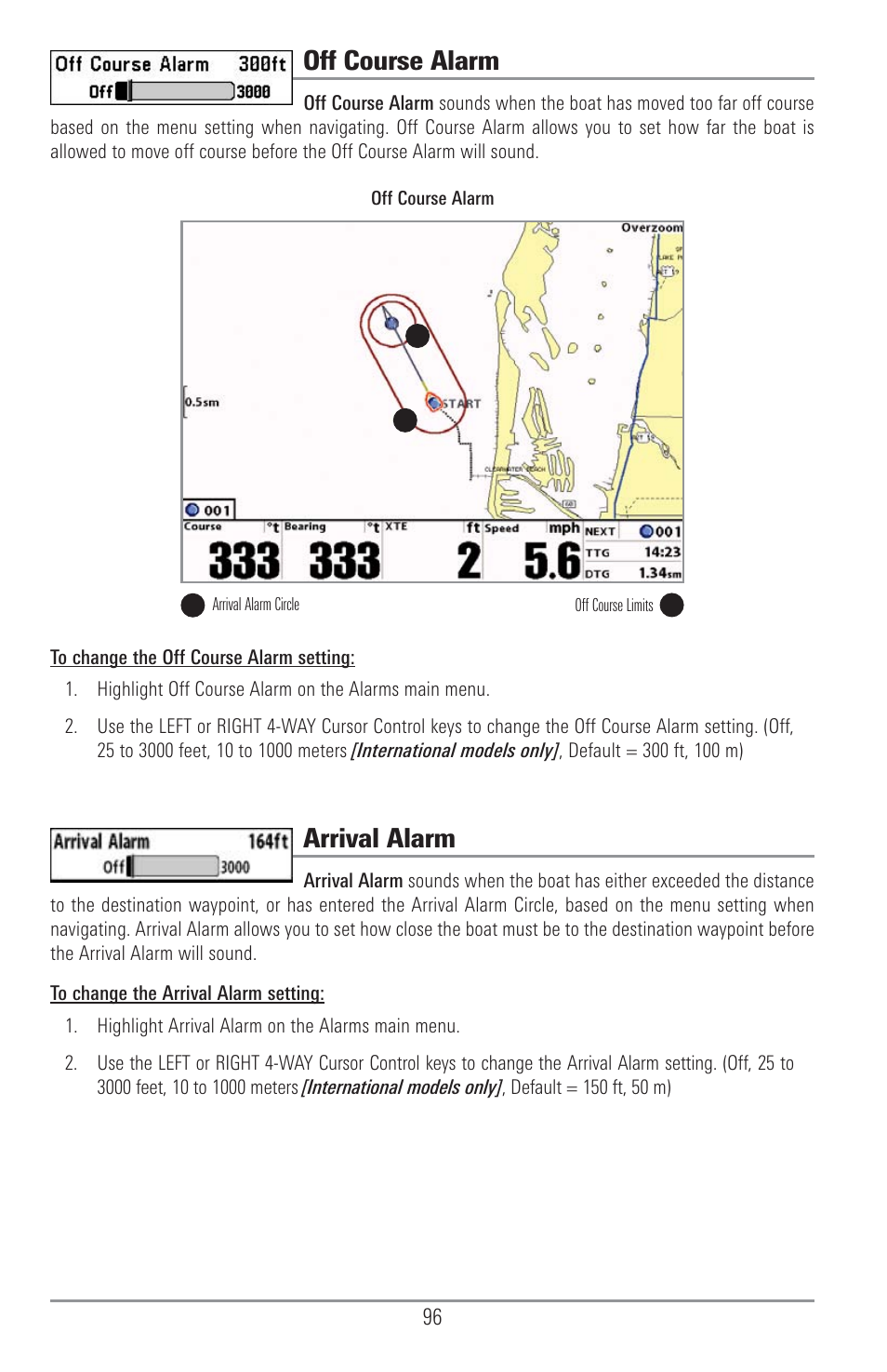 Off course alarm, Arrival alarm | Humminbird 1155C User Manual | Page 104 / 129