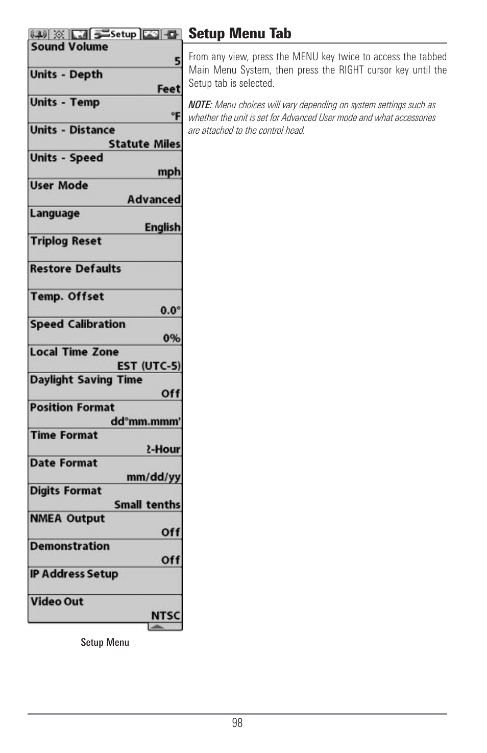 Setup menu tab | Humminbird 1155C User Manual | Page 106 / 129