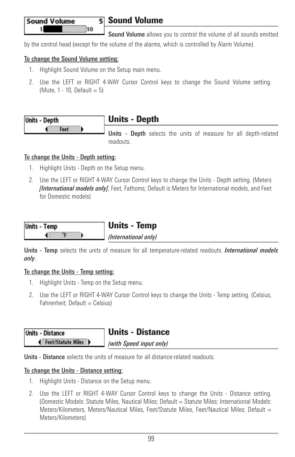 Sound volume, Units - depth, Units - temp | Units - distance | Humminbird 1155C User Manual | Page 107 / 129