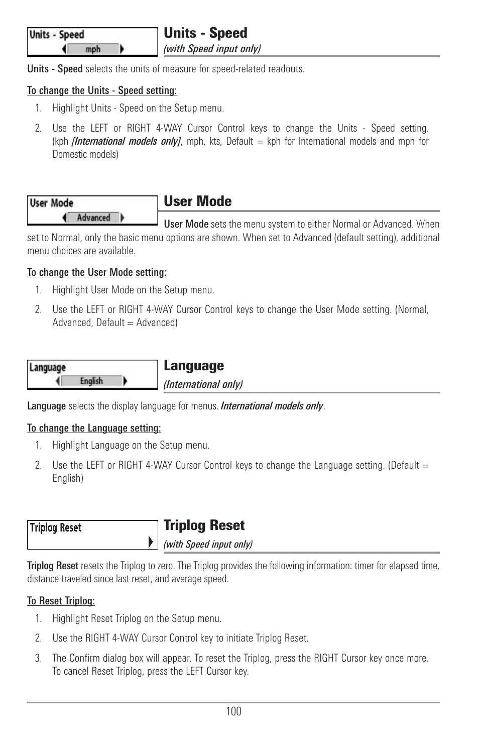 Units - speed, User mode, Language | Triplog reset | Humminbird 1155C User Manual | Page 108 / 129