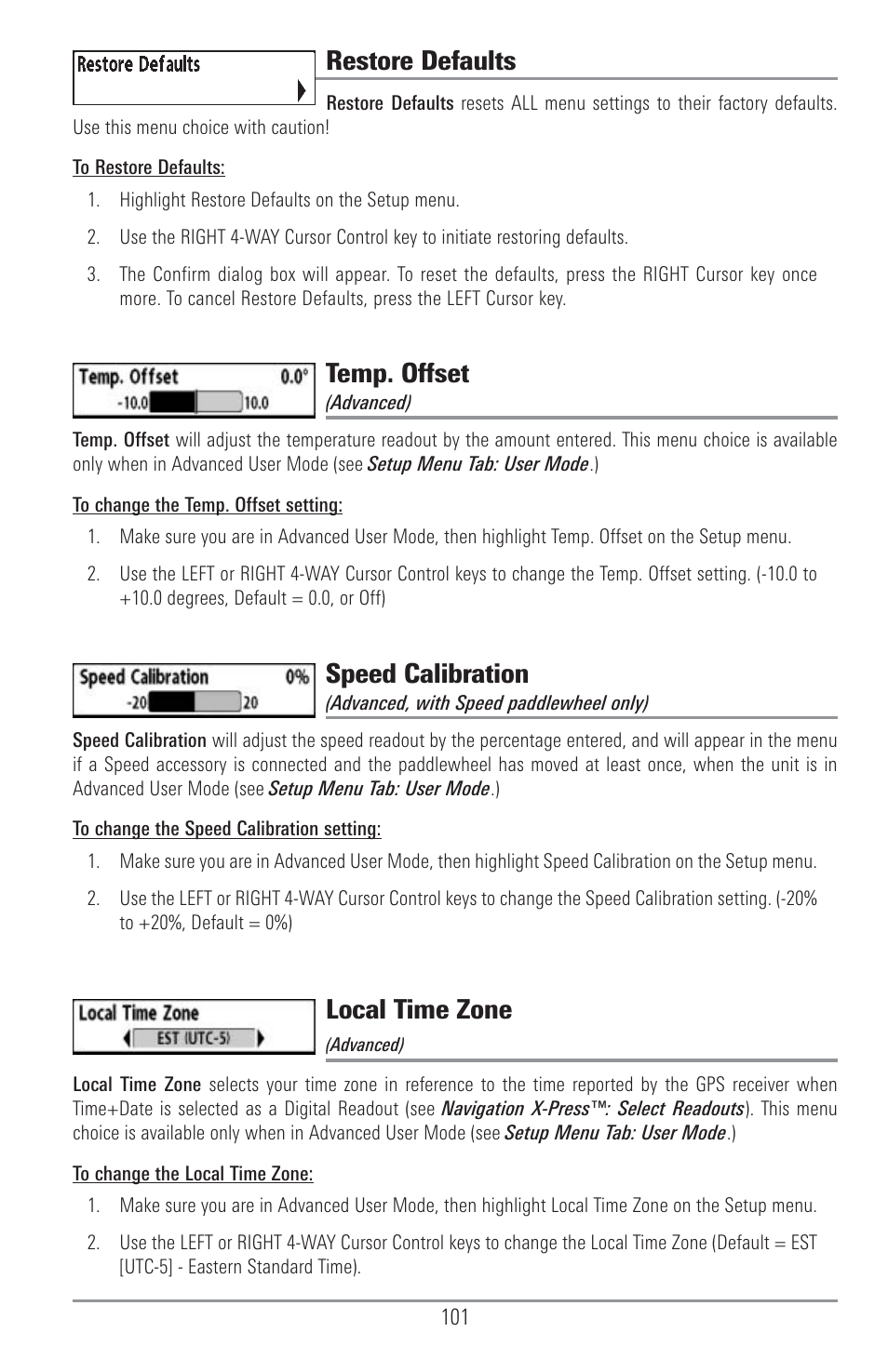 Restore defaults, Temp. offset, Speed calibration | Local time zone | Humminbird 1155C User Manual | Page 109 / 129