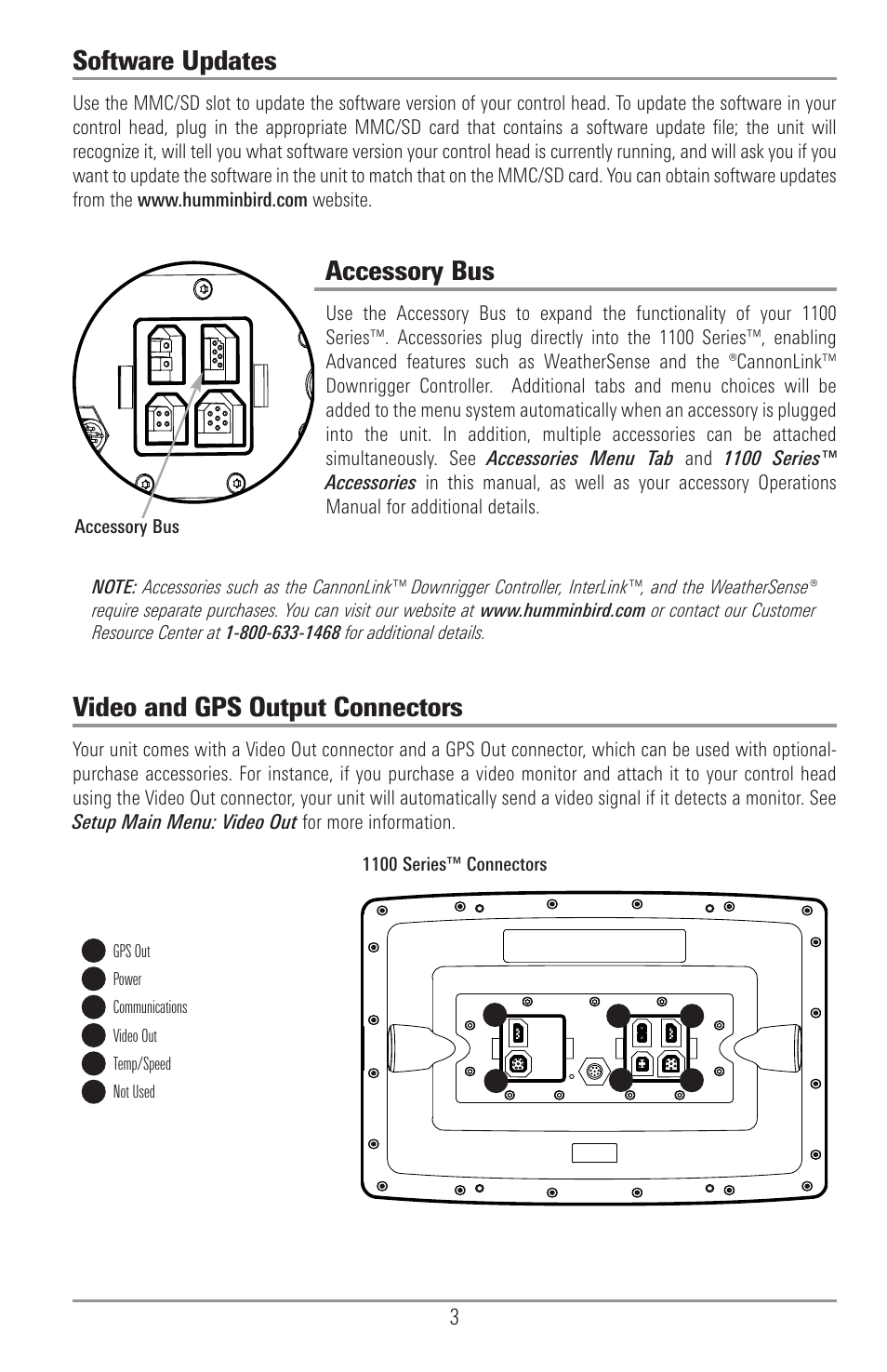 Accessory bus, Software updates, Video and gps output connectors | Humminbird 1155C User Manual | Page 11 / 129