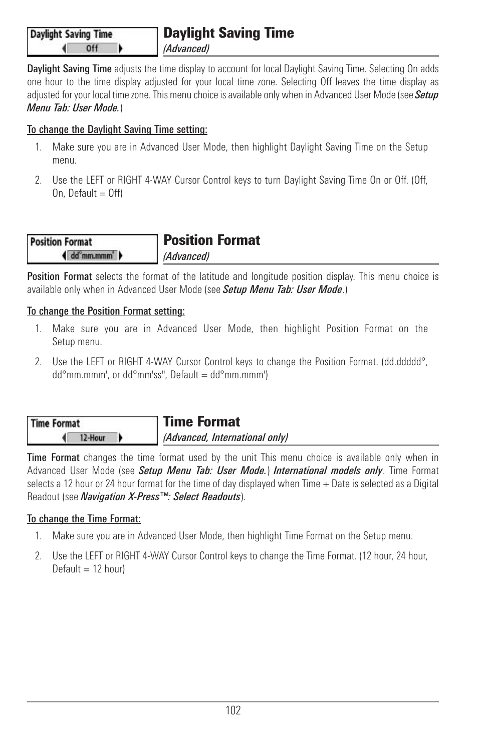 Daylight saving time, Position format, Time format | Humminbird 1155C User Manual | Page 110 / 129