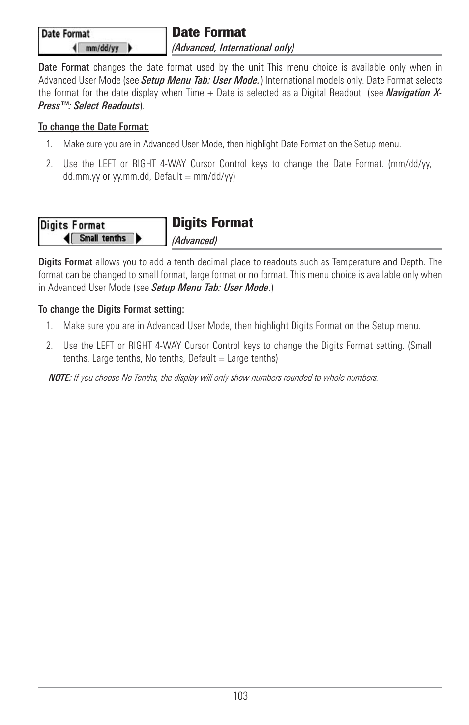 Date format, Digits format | Humminbird 1155C User Manual | Page 111 / 129