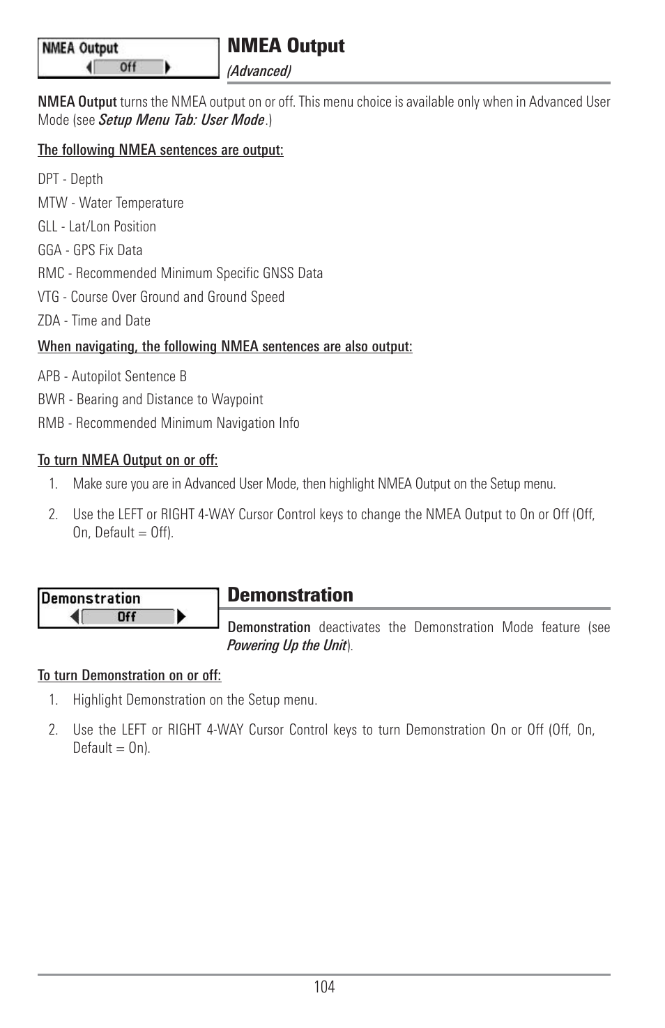 Nmea output, Demonstration | Humminbird 1155C User Manual | Page 112 / 129