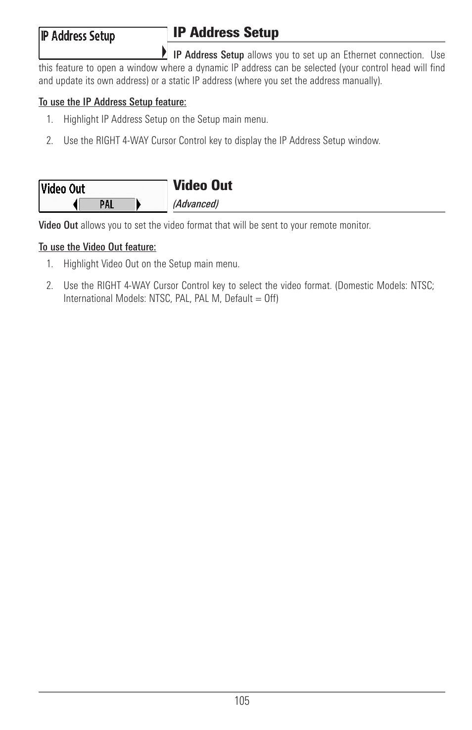 Ip address setup, Video out | Humminbird 1155C User Manual | Page 113 / 129
