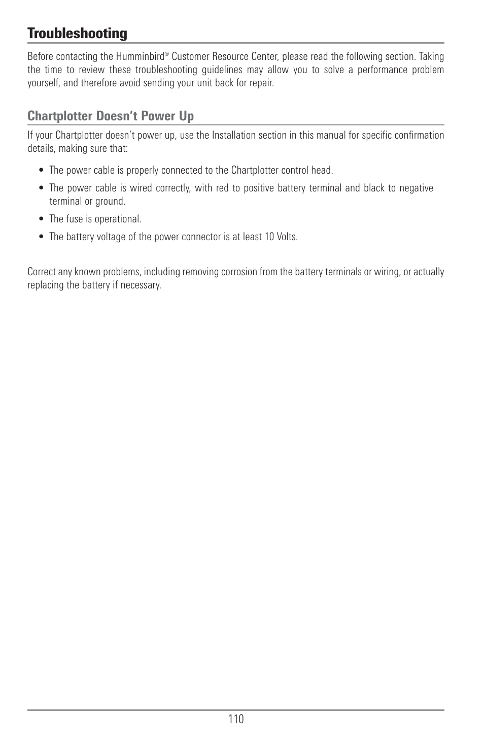Troubleshooting, Chartplotter doesn’t power up | Humminbird 1155C User Manual | Page 118 / 129