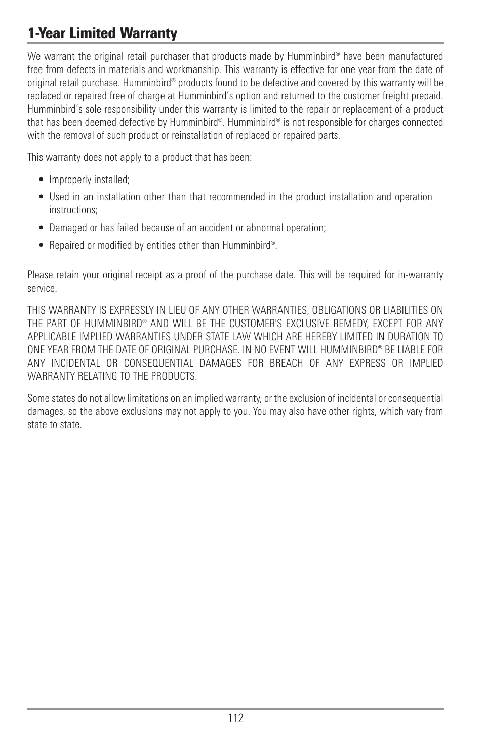 Year limited warranty | Humminbird 1155C User Manual | Page 120 / 129