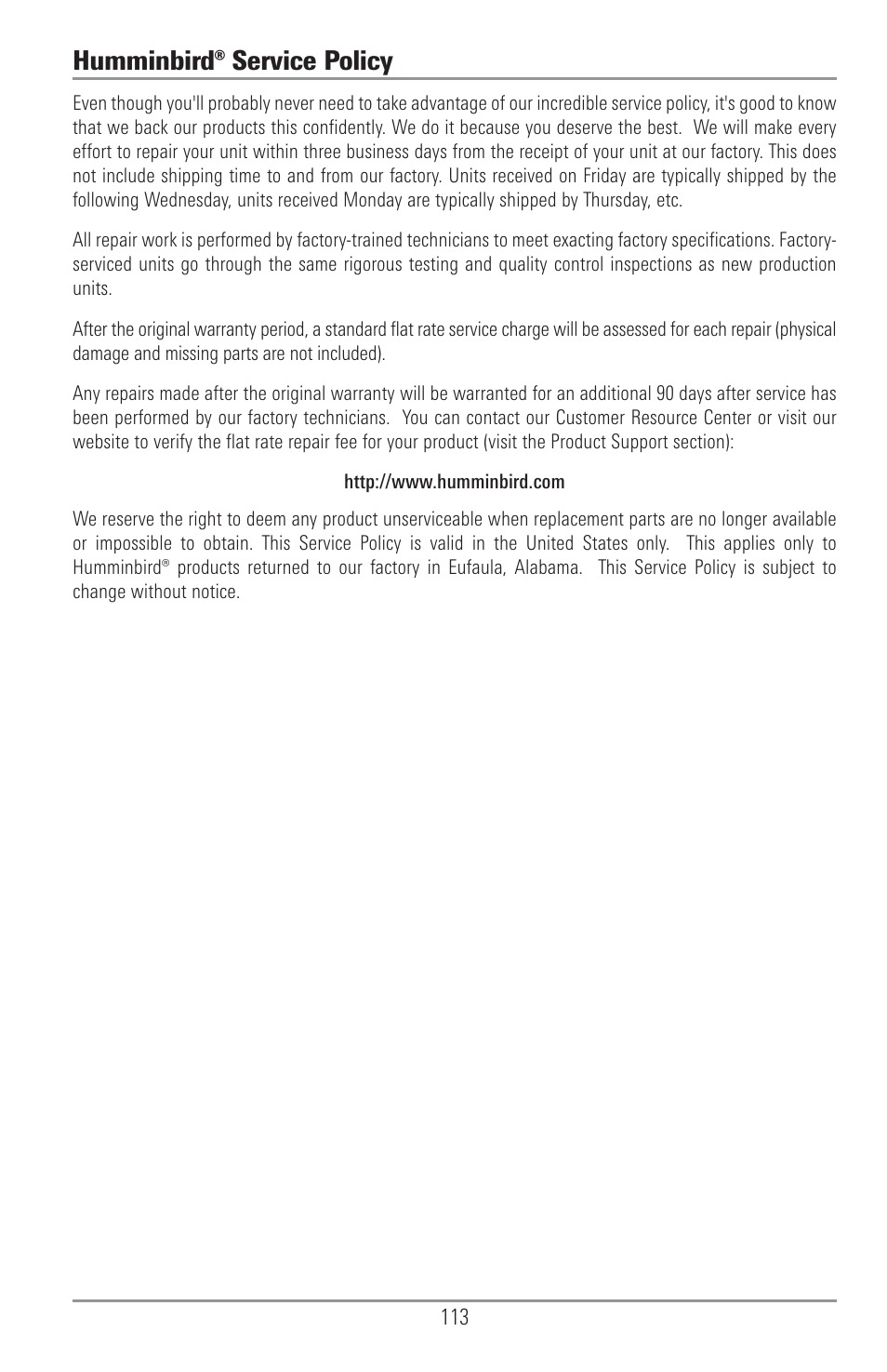 Humminbird service policy, Humminbird® service policy | Humminbird 1155C User Manual | Page 121 / 129