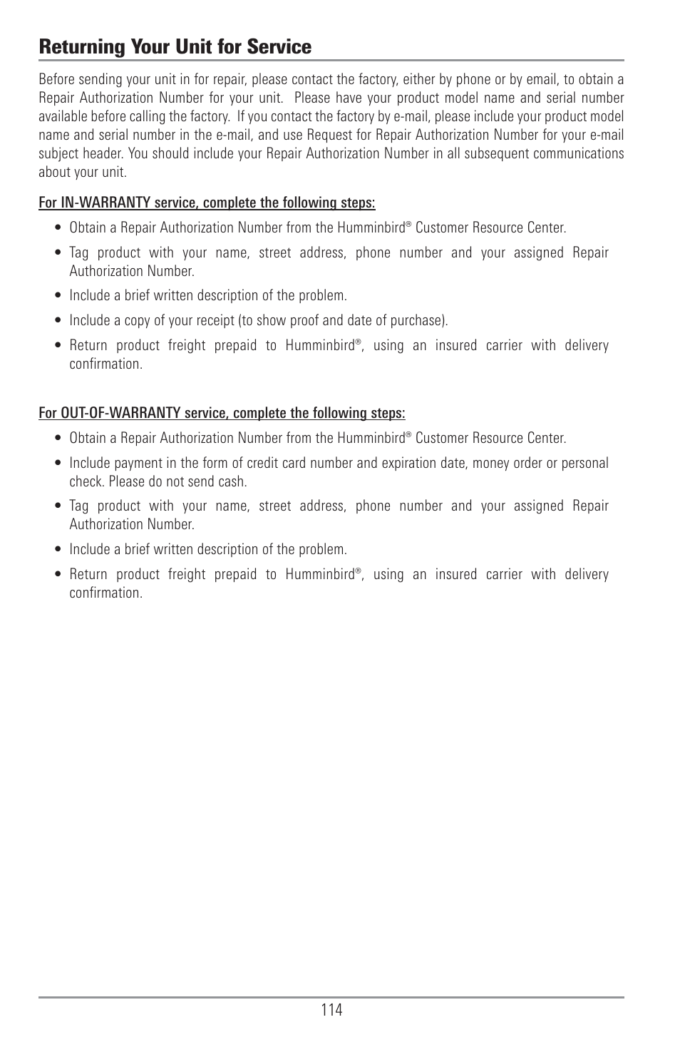 Returning you unit for service, Returning your unit for service | Humminbird 1155C User Manual | Page 122 / 129