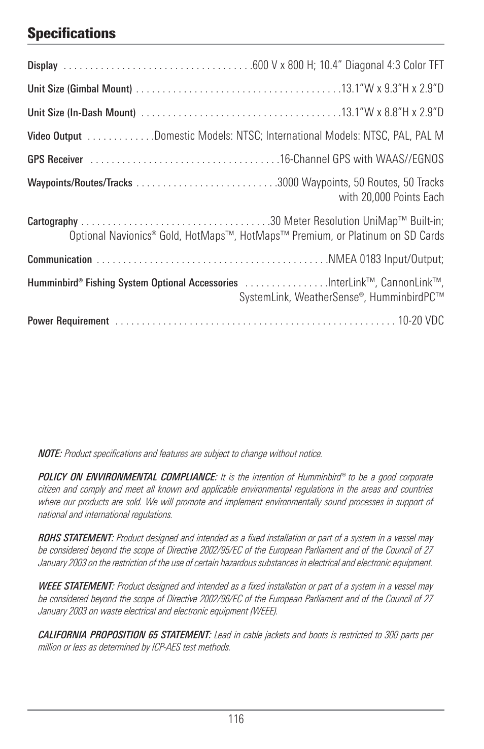 Specifications | Humminbird 1155C User Manual | Page 124 / 129