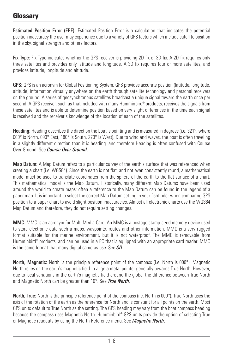 Glossary | Humminbird 1155C User Manual | Page 126 / 129