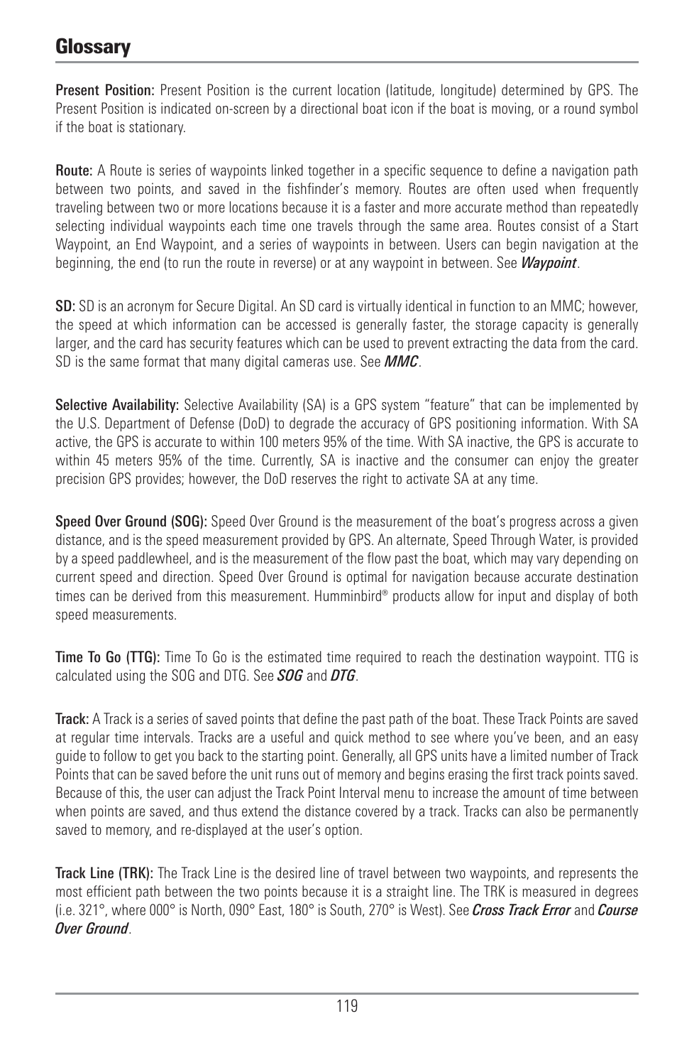 Glossary | Humminbird 1155C User Manual | Page 127 / 129