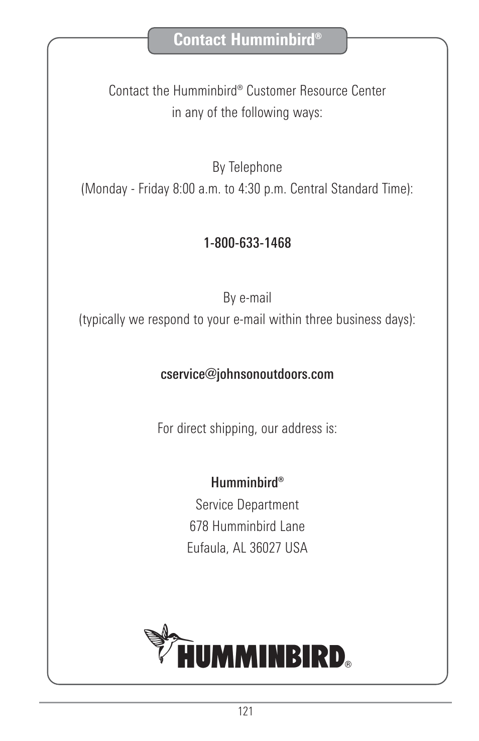 Contact humminbird | Humminbird 1155C User Manual | Page 129 / 129