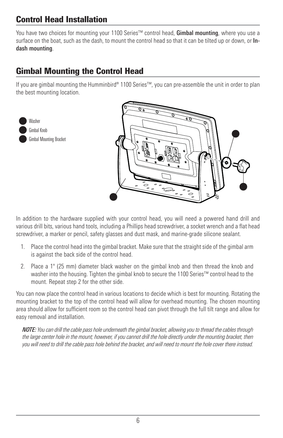 Controll head installation, Gimbal mounting the control head, Control head installation | Humminbird 1155C User Manual | Page 14 / 129
