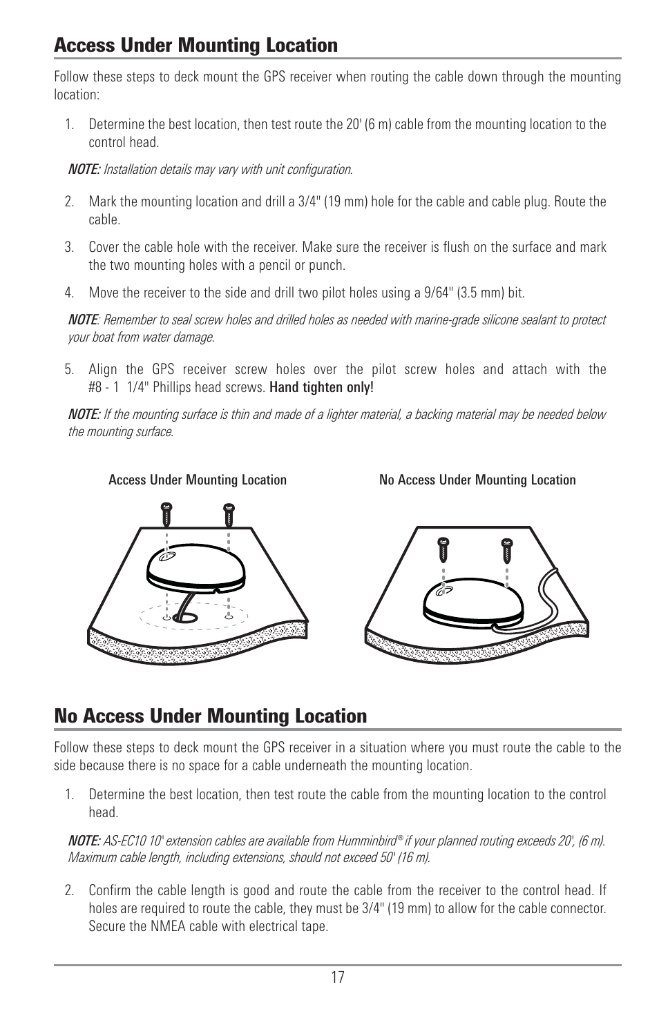 Access under mounting location, No access under mounting location | Humminbird 1155C User Manual | Page 25 / 129