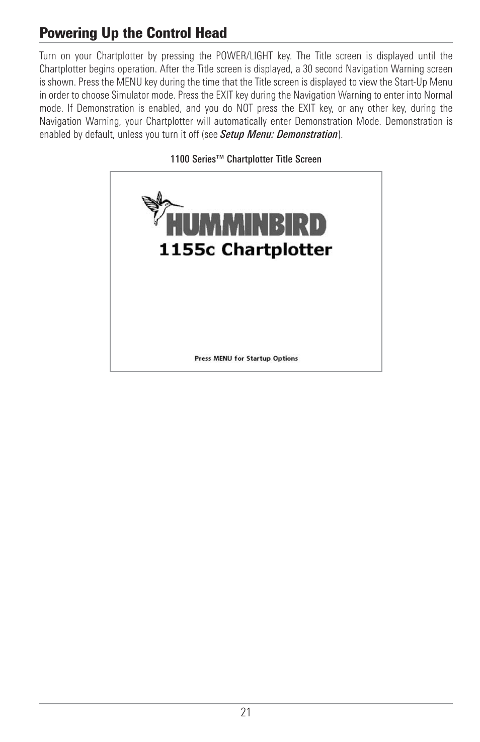Powering up the control head | Humminbird 1155C User Manual | Page 29 / 129