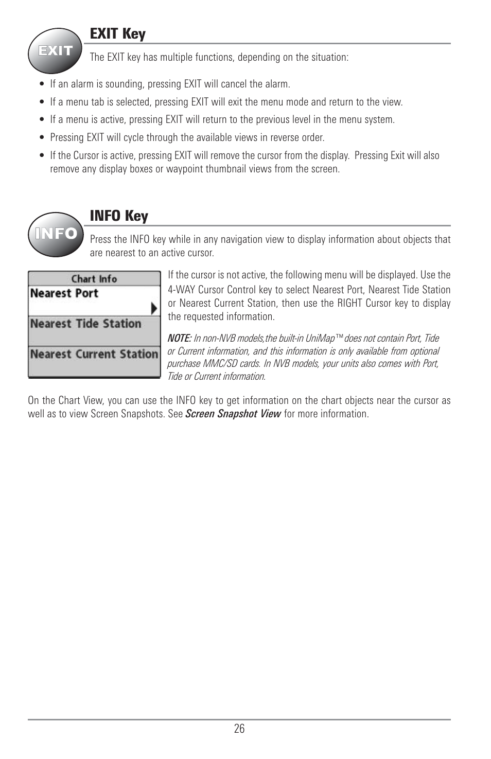 Exit key, Info key | Humminbird 1155C User Manual | Page 34 / 129