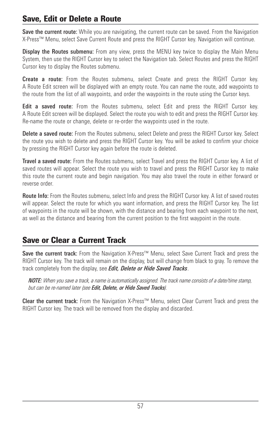 Save, edit, or delete a waypoint, Save or clear a current track, Save, edit or delete a route | Humminbird 1155C User Manual | Page 65 / 129