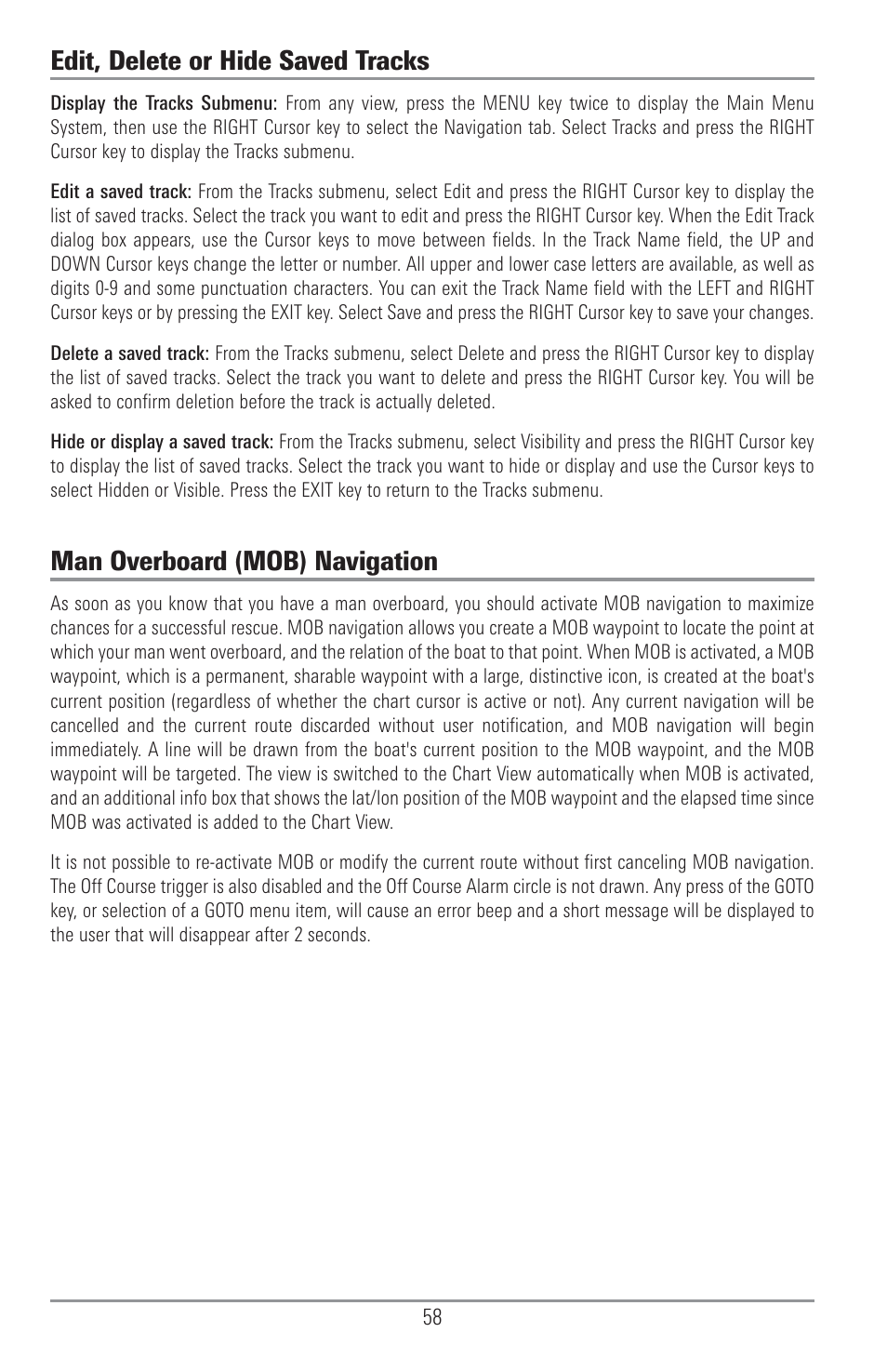 Edit, delete or hide saved tracks, Man overboard (mob) navigation | Humminbird 1155C User Manual | Page 66 / 129
