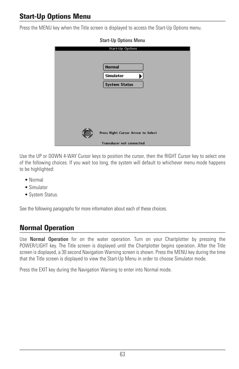 Start-up options menu, Normal operation | Humminbird 1155C User Manual | Page 71 / 129