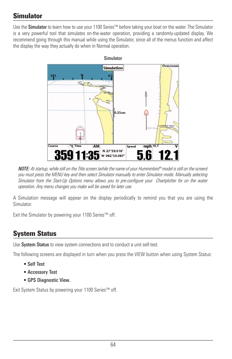 Simulator, System status | Humminbird 1155C User Manual | Page 72 / 129