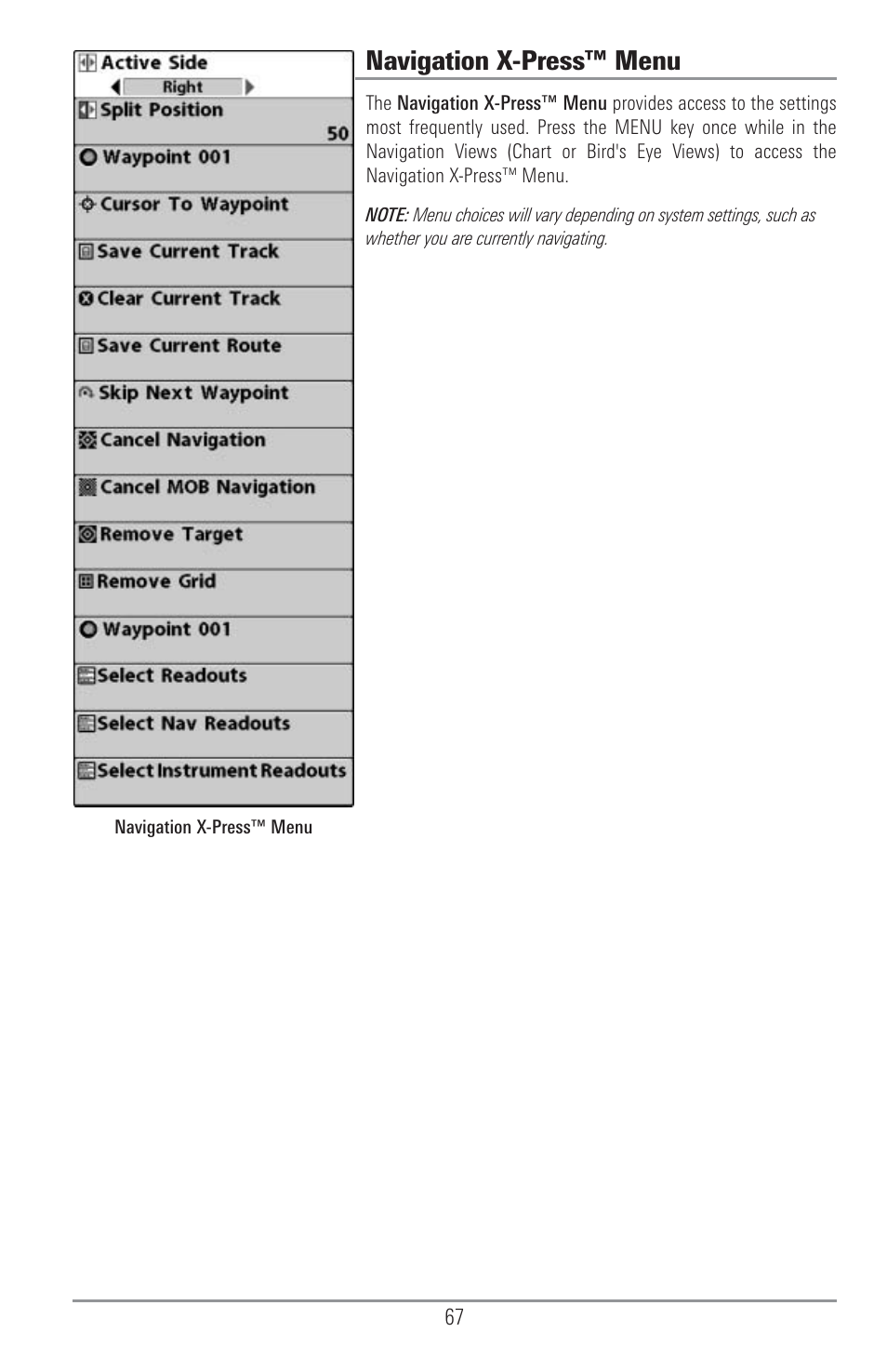 Navigation x-press menu, Navigation x-press™ menu | Humminbird 1155C User Manual | Page 75 / 129