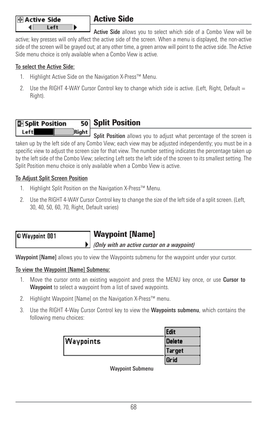 Active side, Split position, Waypoint [name | Humminbird 1155C User Manual | Page 76 / 129