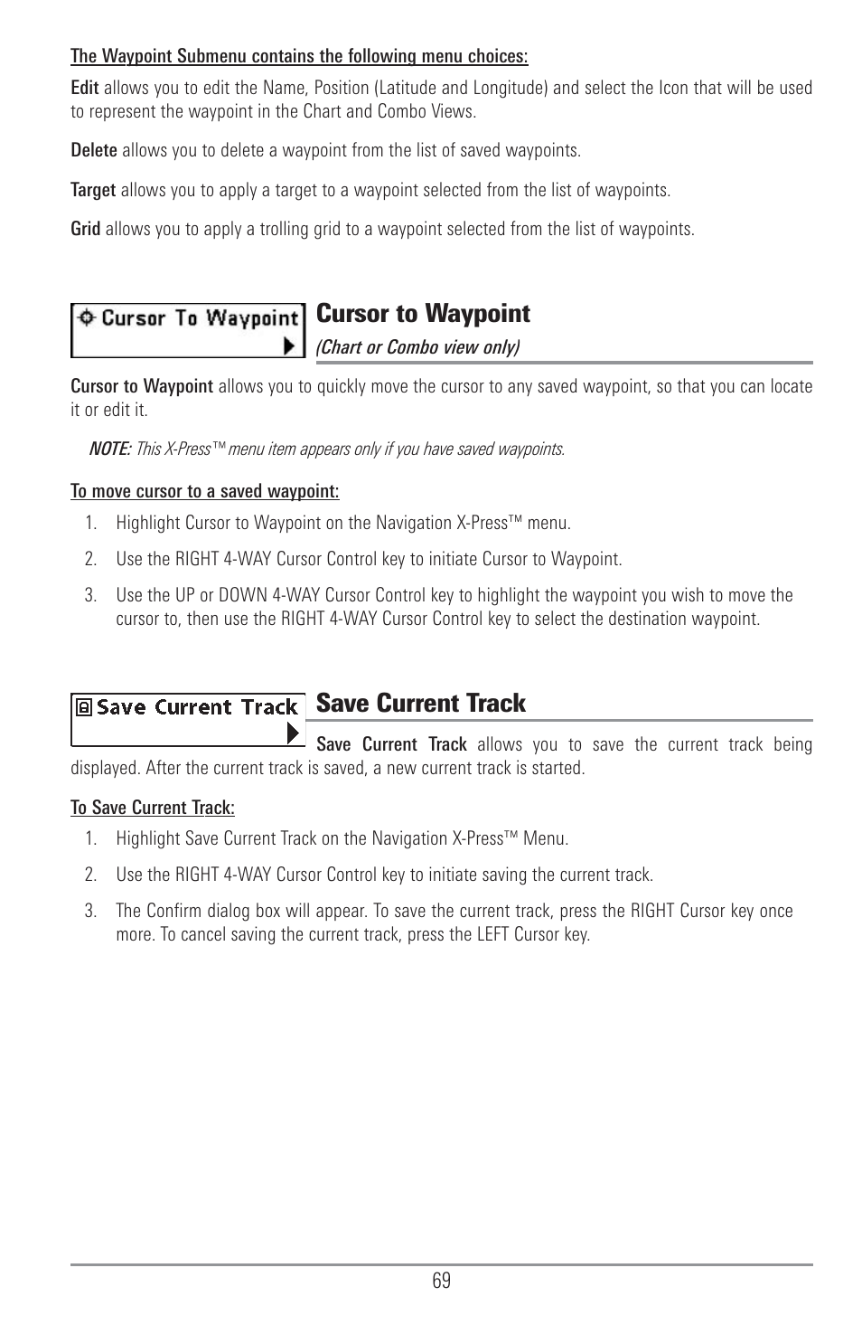 Cursor to waypoint, Save current track | Humminbird 1155C User Manual | Page 77 / 129