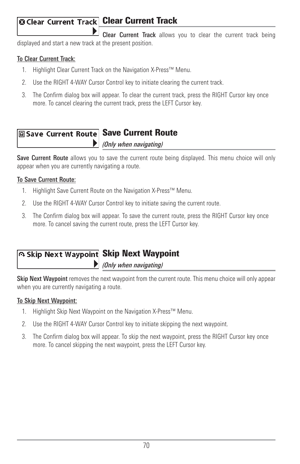 Clear current track, Save current route, Skip next waypoint | Humminbird 1155C User Manual | Page 78 / 129