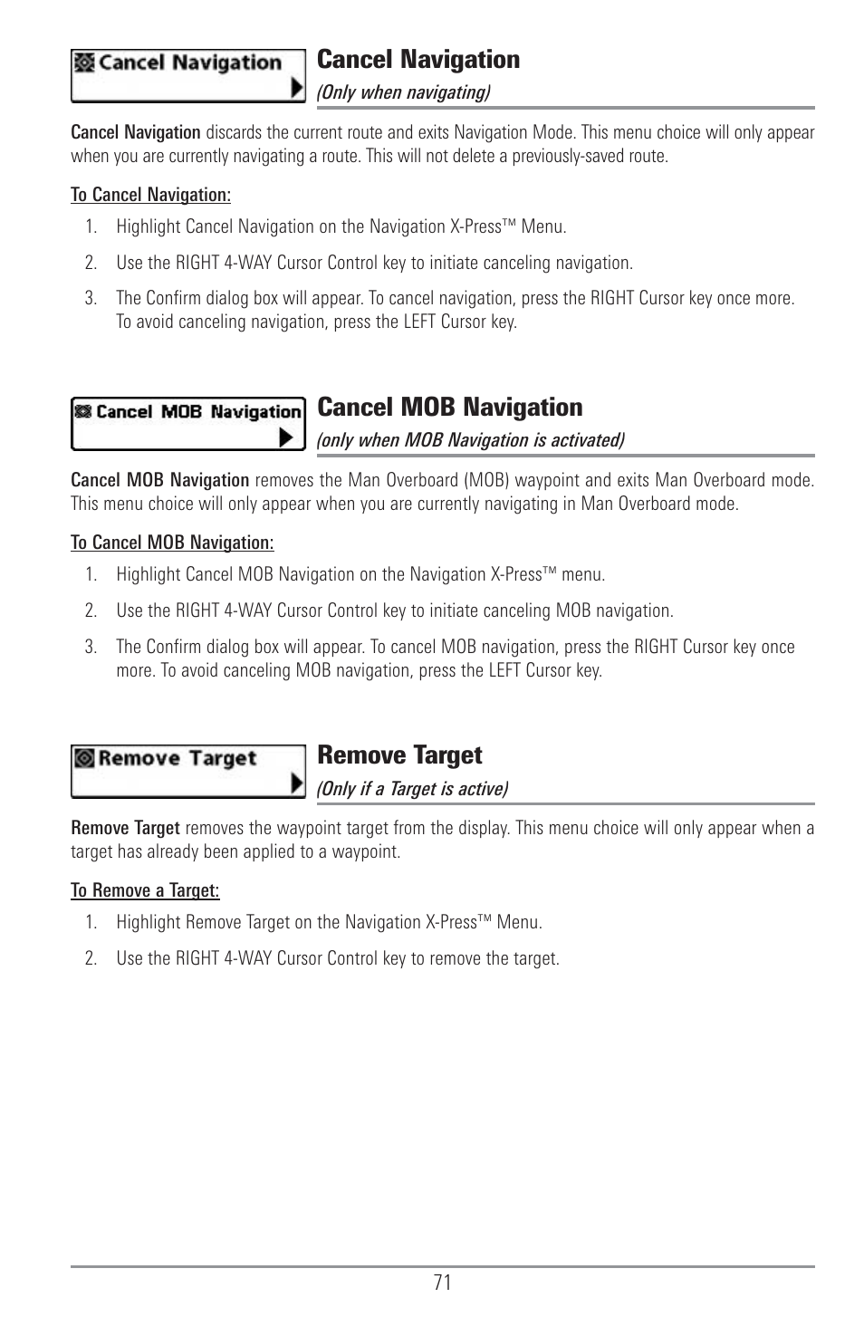 Cancel navigation, Cancel mob navigation, Remove target | Humminbird 1155C User Manual | Page 79 / 129