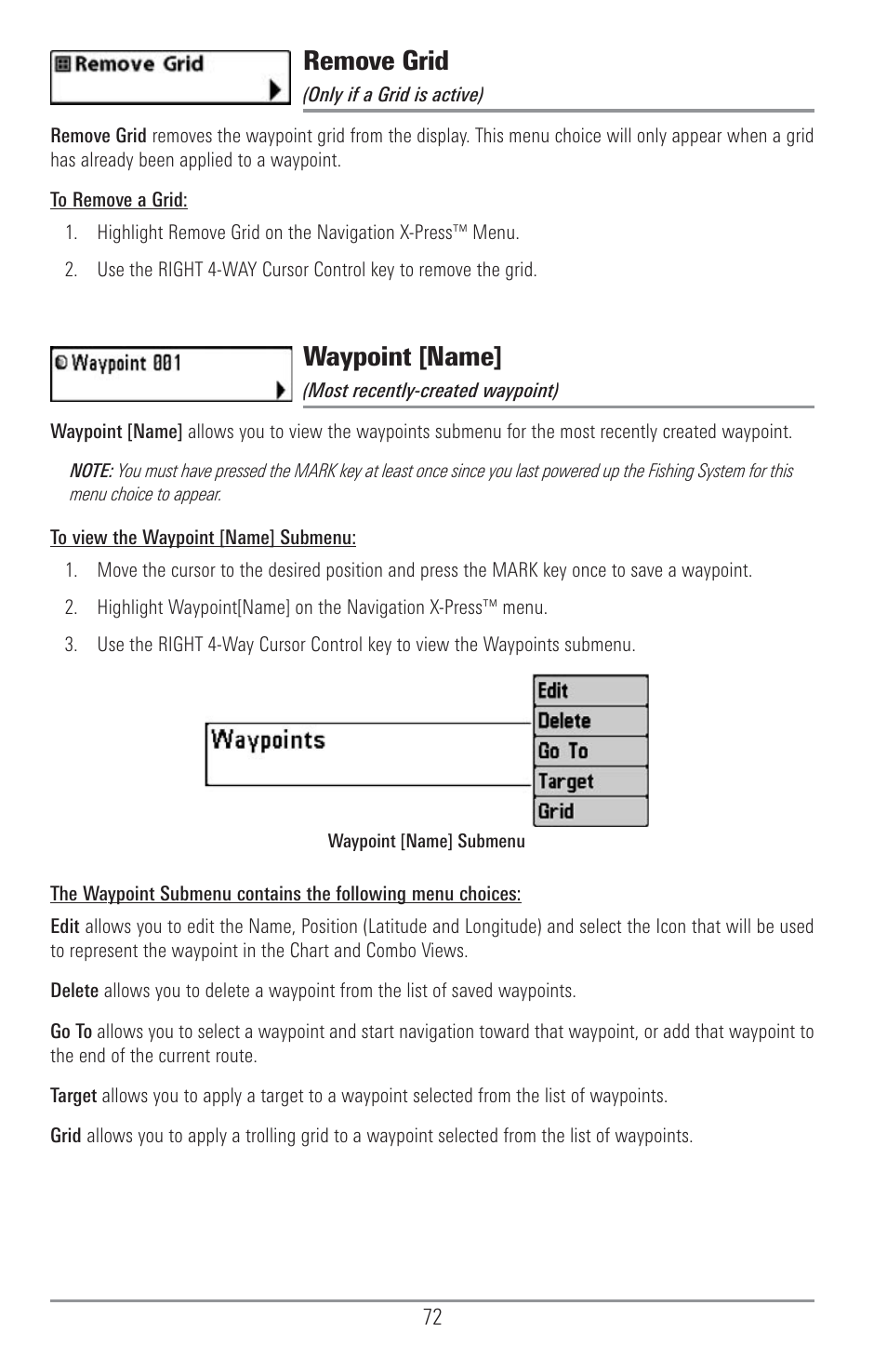 Remove grid, Waypoint [name | Humminbird 1155C User Manual | Page 80 / 129